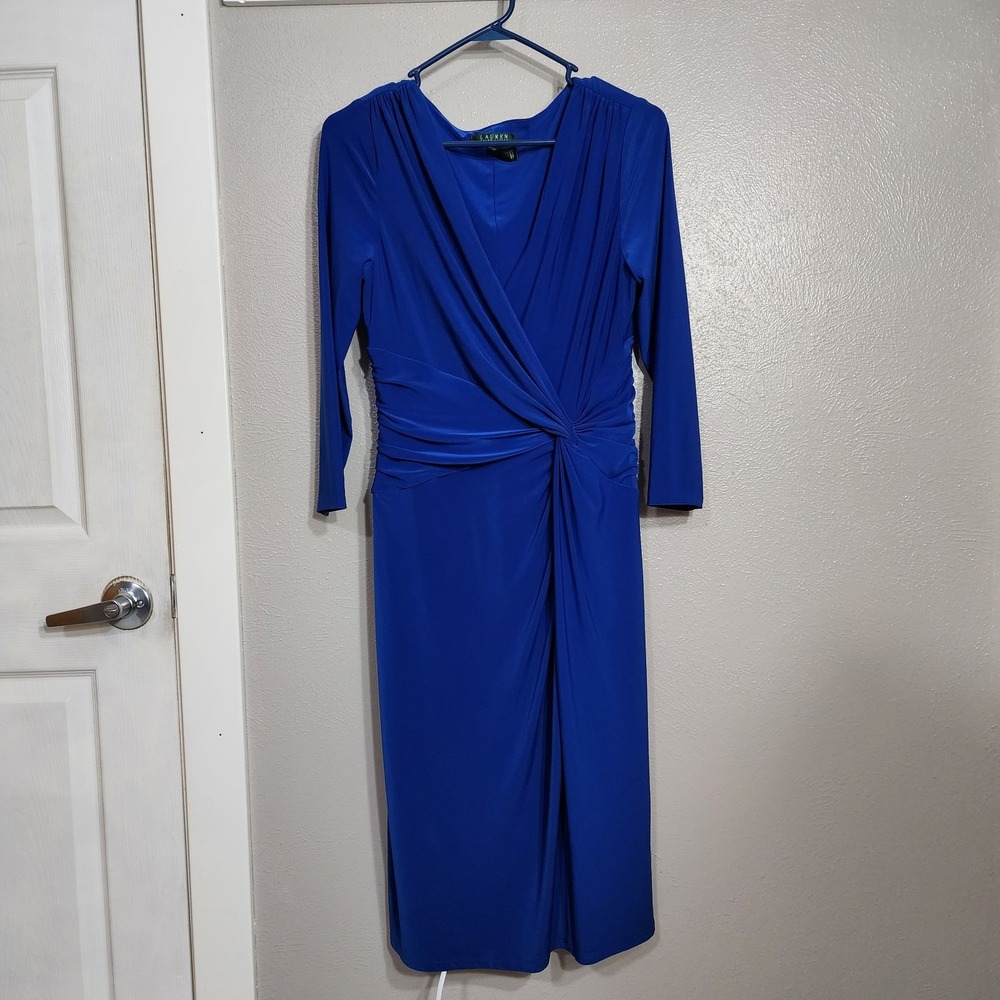 RALPH LAUREN Blue Long Sleeve Ruched Stretch Sheath Dress Size 10 Elegant